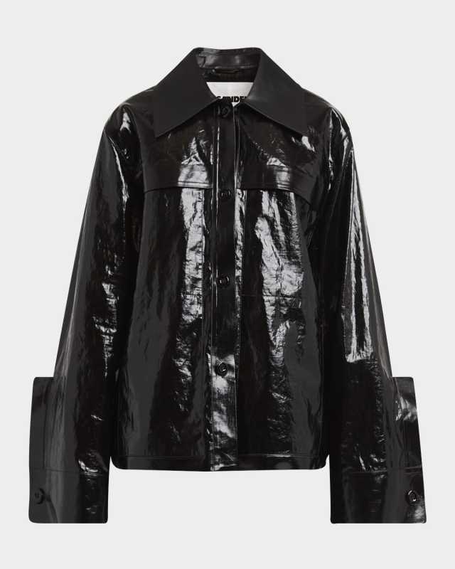 Lacquered Linen Sport Jacket With Leather Collar
